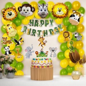 The Banner Company Jungle Safari Birthday Decoration Kids,Animal Birthday Party Decoration Paper Bunting Banner with Balloons, Cake Topper,Foil Balloons, Cardstock Cutout (Pack of 73)