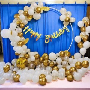 The Banner Company 60 Pcs Birthday Decoration Set – Balloons for Kids’ Birthday Party | Rose Gold, Purple, Pink Balloons | Latex, Foil & Cardstock Materials (Gold and White Birthday decorations)