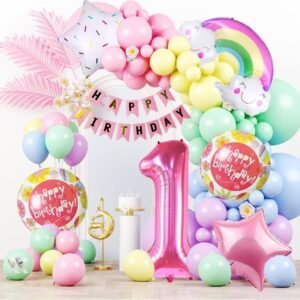 Pop The Party Cardstock 59 Pcs Pastel Rainbow Balloon Arch Garland Kit Birthday Decoration | Birthday Balloons, Happy Birthday Banner, With Arch & Glue Dot | Ideal For 1st Birthday Decorations Items
