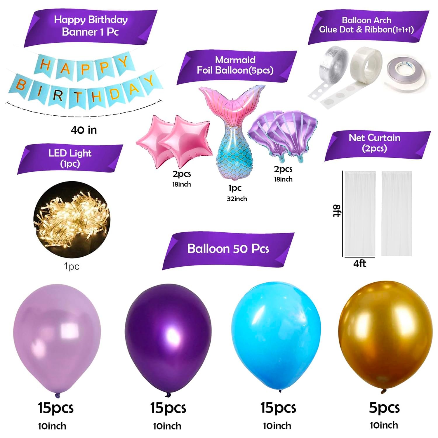 Party Propz Rubber Mermaid Theme Birthday Decorations-Cute 62 Pcs Birthday Decoration Items For Girl|Under The Sea Theme Birthday|Birthday Decorations For Girls|Mermaid Balloons Purple Blue Golden - Image 3