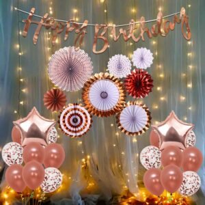 Party Propz Rubber 34Pcs Rose Gold Birthday Decoration Kit for Girls with Lights & Accessories