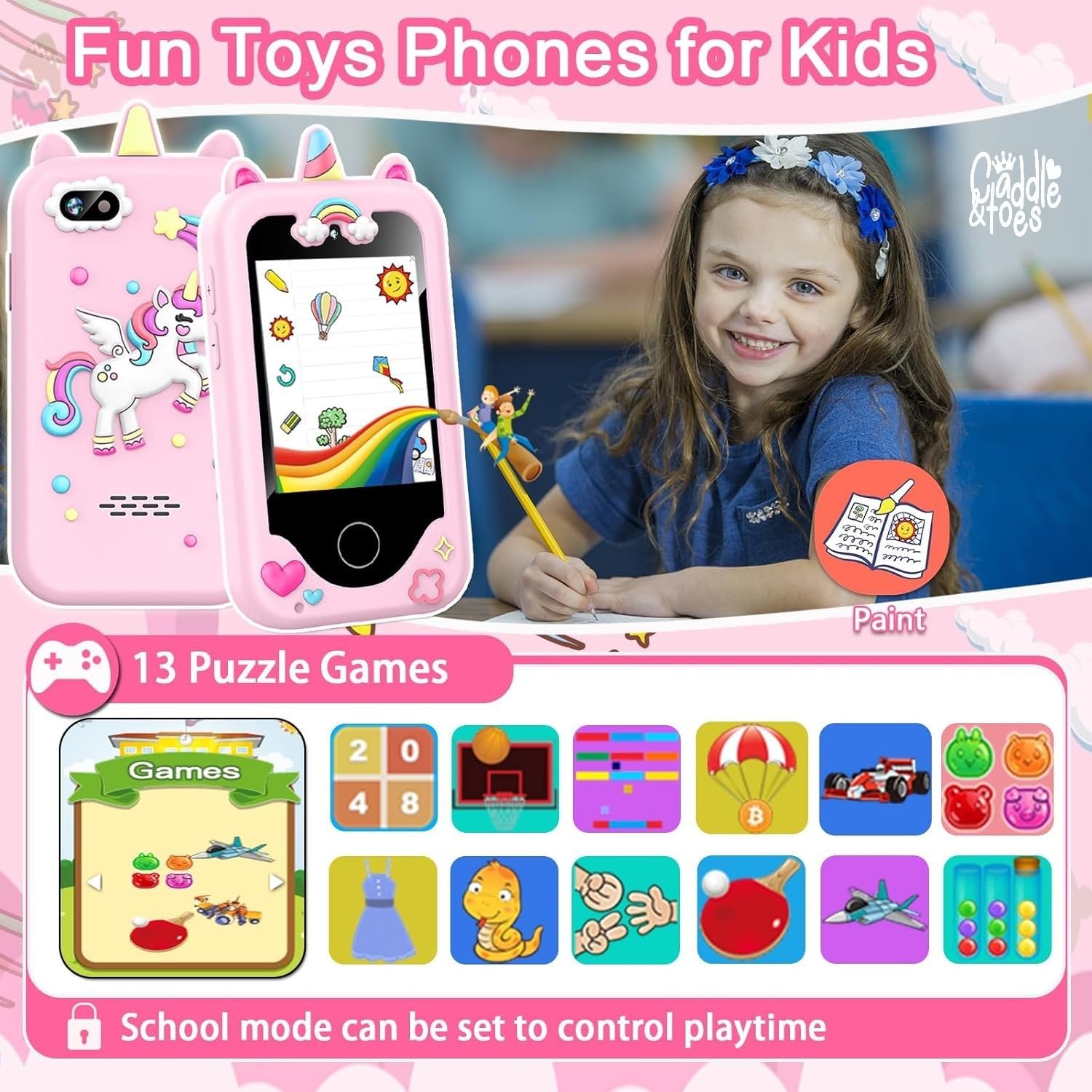Kids Smart Phone for Girls and Boys, Christmas Birthday Gifts for Girls Boys Age 3-10 Kids Toys Cell Phone, 2.8" Touchscreen Learning Play Toy Phone with Dual Camera, Game, Music Player (Pink) - Image 4