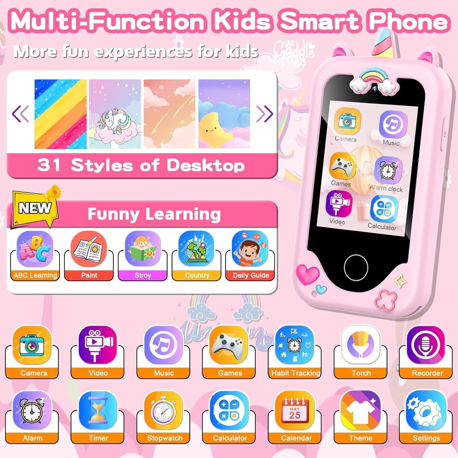 Kids Smart Phone for Girls and Boys, Christmas Birthday Gifts for Girls Boys Age 3-10 Kids Toys Cell Phone, 2.8" Touchscreen Learning Play Toy Phone with Dual Camera, Game, Music Player (Pink) - Image 7