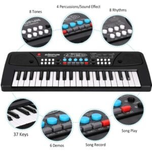 VEBETO Kids Piano Keyboard with Mic (1 Year Warranty) 37 Keys 8 Rhythms 8 Tones 6 Demos Portable Electronic Keyboard Toy Beginners Educational Songs Recording Musical Toys 2 3 4 5 Years Boys Girls