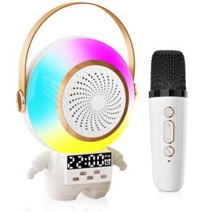 Wembley Rechargeable Karaoke Set with Mic| Portable Karaoke Set with Wireless Mic| Unique & Premium Set with Volume Controller & Alarm Clock| Ideal Gift for Boys & Girls (White, Robot Style)
