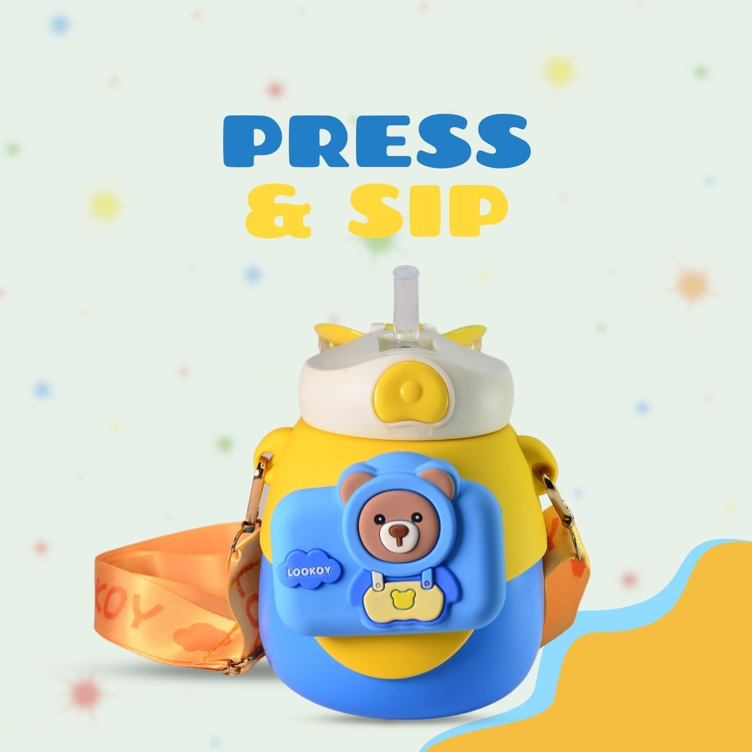 MOON MAMA Bunny Cam Stainless Steel Water Bottle, Leakproof & Durable Water Bottle, Cute Design for School & Travel, Water Bottle for Boys & Girls, 550ml, Yellow - Image 2