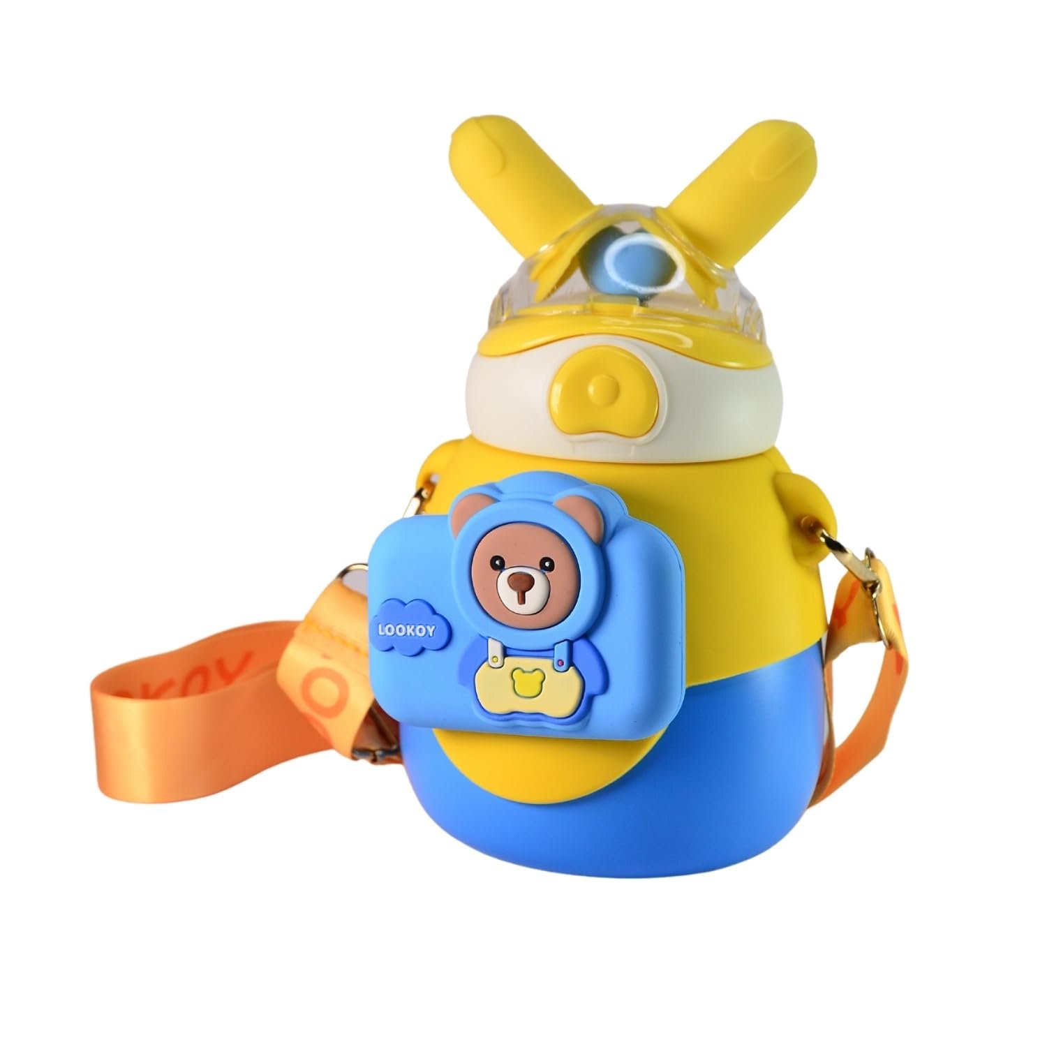 MOON MAMA Bunny Cam Stainless Steel Water Bottle, Leakproof & Durable Water Bottle, Cute Design for School & Travel, Water Bottle for Boys & Girls, 550ml, Yellow