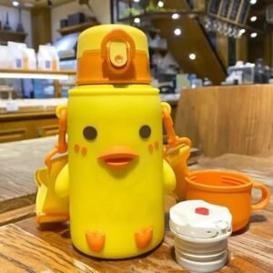 TOOYEP Insulated Stainless Steel Water Bottle for Kids with Cup Mug with Silicone Holder Cover, Double Walled Vacuum Cartoon Insulated Stainless Steel Bottle - Duck