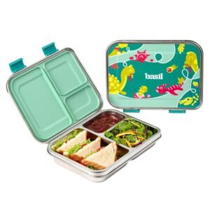 Basil Bento Box Neo 2025 - New & Improved, Easy to Open & Close 975 ml 3-Compartment Stainless Steel Lunch Box for Kids | Leak-Proof Tiffin Box for School - Hocus Docus