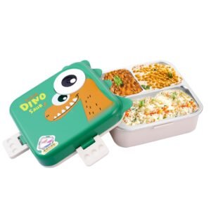 Carnival Super Dino Lunch Box 2 Layer Stainless Steel Lunch Box Comes with 1 Detachable Tray, 1 Small Container & 1 Spoon Ideal for Kids BPA Free 1120ml+70ml- Green