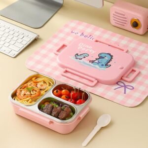 QLECT Printed Dino Party Stainless Steel Lunch Box for Kids Adults, Insulation Keeps Food Warm,Food Grade Bpa Free,3 Compartments with Locking Lid & Steam Valve,Spill Leak Proof|1000Ml Pink