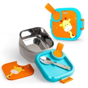 rabitat Stainless Steel Lunch Box with Spoon - 2 Years Brand Warranty | Tiffin Box for Kids | Steel Lunch Box for School Girls and Boys | LUNCHMATE Mini Little Boss 500 ml