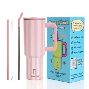 House of Quirk 1200ML Stainless Steel Tumbler Hot and Cold with Handle and Lid 2 Straw, Double Insulated Cup Mug Cupholder for Gym, Travelling (Rose Stripe)