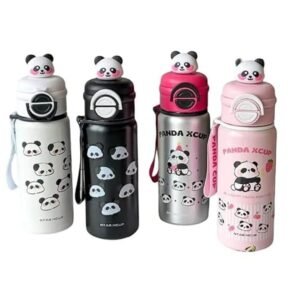 JH00271 (1) KidsZeeNie® 2 in 1 Stainless Steel Insulated Sipper Water Bottle with Straw & Flip Lid | Leakproof Thermos Flask for Kids & Adults | BPA-Free Travel Thormos with Handle & Wrist Strap- 550 Ml (Panda)