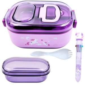 PLUSPOINT Unicorn Stainless Steel Cute Cartoon Lunch Box for Kids Microwave Safe Insulated Tiffin Box Tableware Set Portable Containers Tiffin Box for School Boys, Girls (Unicron-Purple) 700 ML