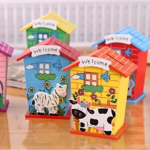 SILLYME 10Pcs Wooden Piggy Banks - Return Gifts Birthday Party For Kids, Colourful Animal Hut Shaped Coin Banks - Return Gift For Kids Birthday Age 6-10
