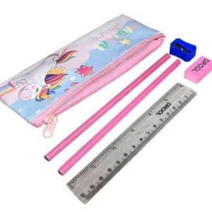 JIADA Set Of 12 Pouch Stationery Pack - Each Pack includes Fancy Pouch, Pencils, Ruler, Eraser and Sharpener. Best Return Gift For Kids