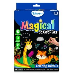Skillmatics Scratch Art Book for Kids - Animals, Craft Kits & Supplies, 30+ Scratch Stickers, Travel Toys, DIY Kit, Gifts for Boys & Girls Ages 3, 4, 5, 6, 7, 8, Multicolour