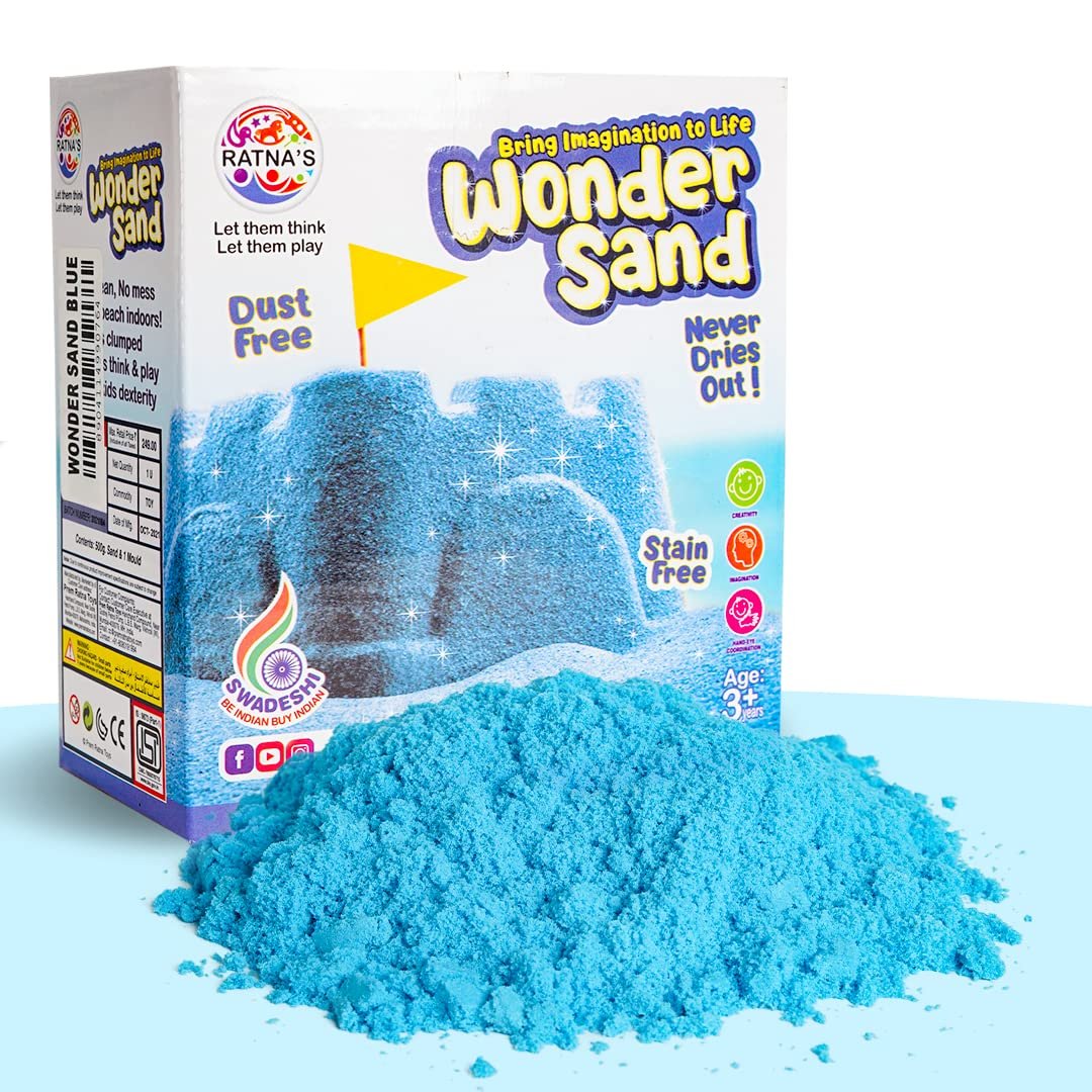Wonder Sand 500 Grams for Kids - Smooth Non-Sticky Blue Sand with Big Mould for Indoor Beach Fun and Relaxation(Blue 500 Grams), ONE Big Mould Inside (Without Tray)