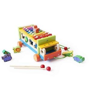 Shumee 3-in-1 Pull-Along Musical Truck Toy with Xylophone & Shape Sorter for Kids | Animal-Shaped Activity Toys for 2-5 Years | Handcrafted in India with Safe Non-Toxic Paint | Wooden Toys
