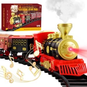 Crackles Train Sets w/Steam Locomotive Engine, Cargo Car and Tracks, Battery Powered Play Set Toy w/Smoke, Light & Sounds, for Kids, Gifts for Boys & Girls 3 4 5 6 7 Years Old