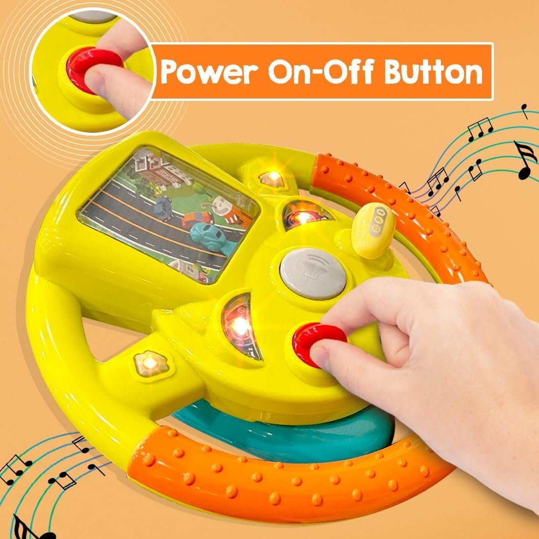 WireScorts Musical Steering Wheel Toy for Kids - Pretend Driving with Lights, Music, & Car Key - Multifunctional Backseat Toy with Suction Cup - Interactive Sensory Educational Gift for Kids - Yellow - Image 9