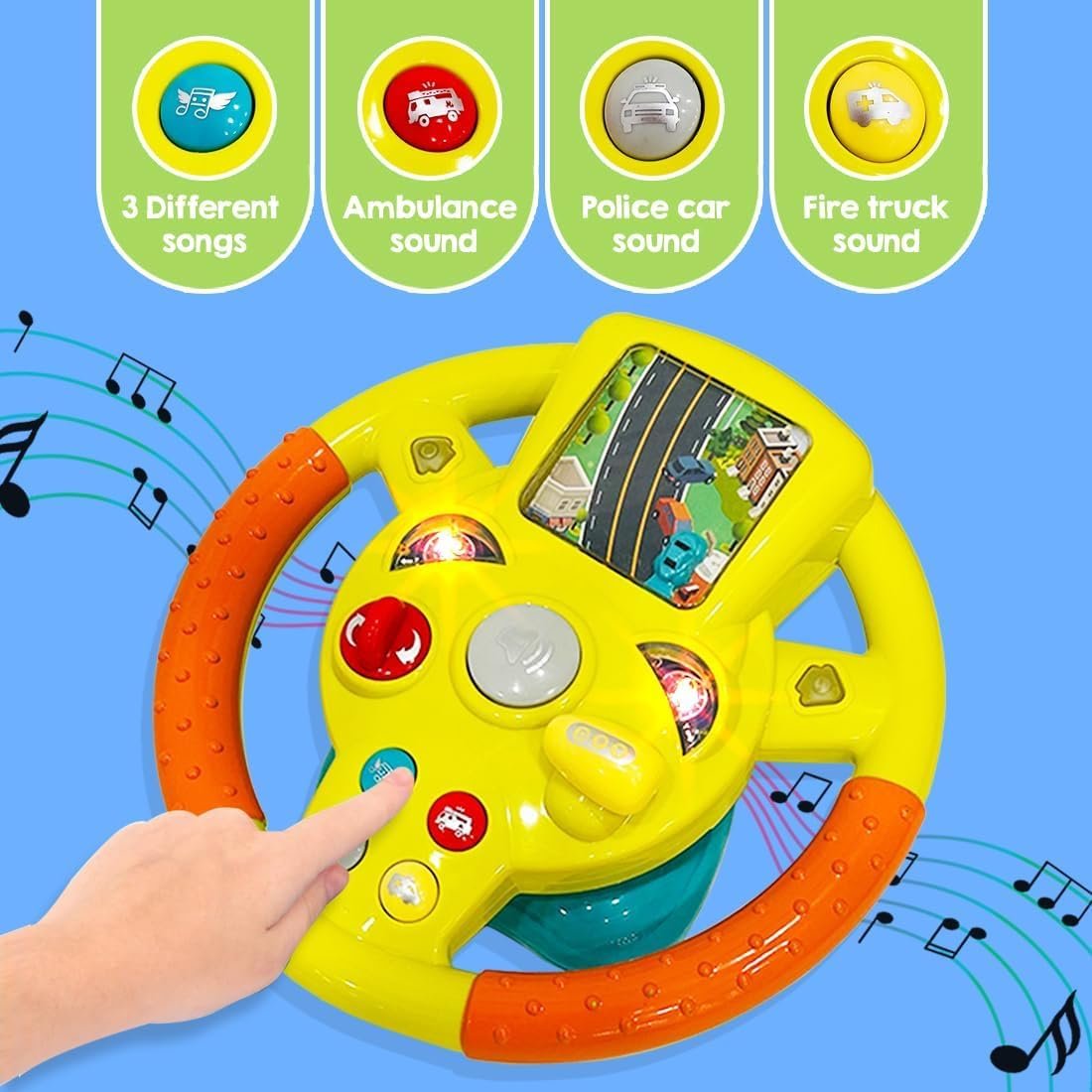 WireScorts Musical Steering Wheel Toy for Kids - Pretend Driving with Lights, Music, & Car Key - Multifunctional Backseat Toy with Suction Cup - Interactive Sensory Educational Gift for Kids - Yellow - Image 4