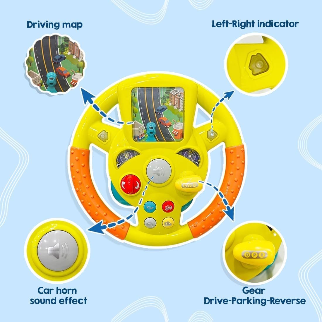 WireScorts Musical Steering Wheel Toy for Kids - Pretend Driving with Lights, Music, & Car Key - Multifunctional Backseat Toy with Suction Cup - Interactive Sensory Educational Gift for Kids - Yellow - Image 3