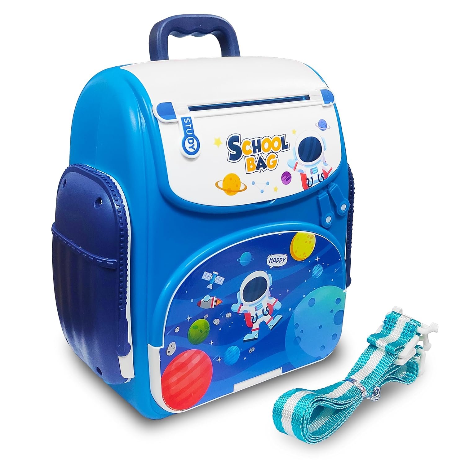 VGRASSP Modern Money Safe Musical Piggy Bank Toy for Kids and Adults - The Mini ATM with Number Password and Touch Sensor Feature for Saving Real Money and Cash Coins (Space Blue)