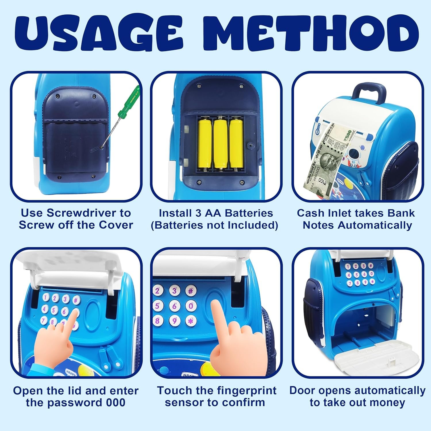 VGRASSP Modern Money Safe Musical Piggy Bank Toy for Kids and Adults - The Mini ATM with Number Password and Touch Sensor Feature for Saving Real Money and Cash Coins (Space Blue) - Image 7