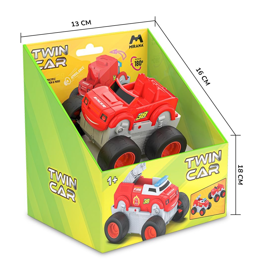 Mirana Twin Car 2 in 1 Musical Toy for Kids – Rotate 180 to Transform Vehicle – Multiple Sirens – Motion Sensor Activated – Highly Durable for Boys and Girls 1+ Years (Red) - Image 2