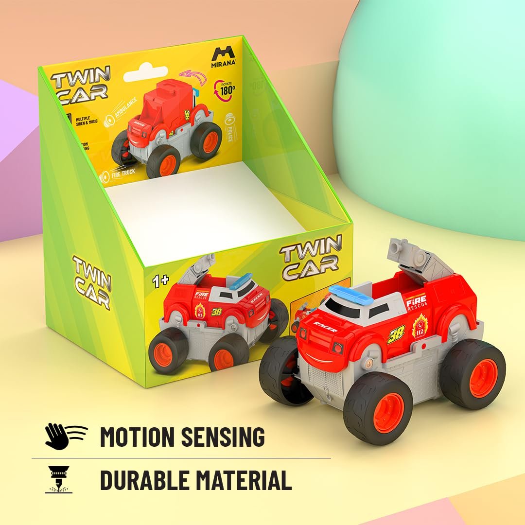 Mirana Twin Car 2 in 1 Musical Toy for Kids – Rotate 180 to Transform Vehicle – Multiple Sirens – Motion Sensor Activated – Highly Durable for Boys and Girls 1+ Years (Red) - Image 6