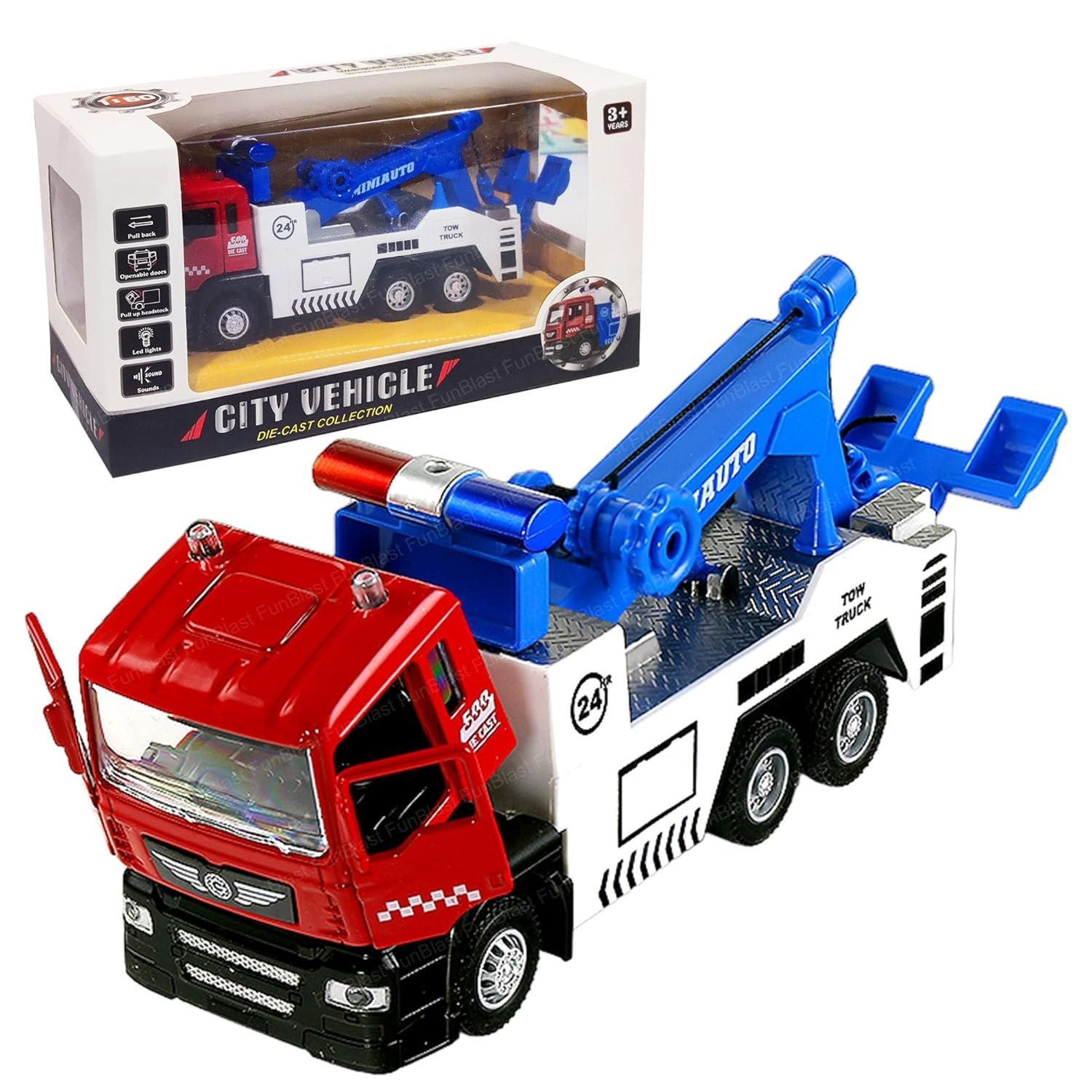FunBlast Towing Truck Toy - Diecast Towing Truck Toy with Light and Sound, 1:50 Scaled Model Pull Back Toys for 3+ Year Old Kids, Boys, Metal Trucks for Kids