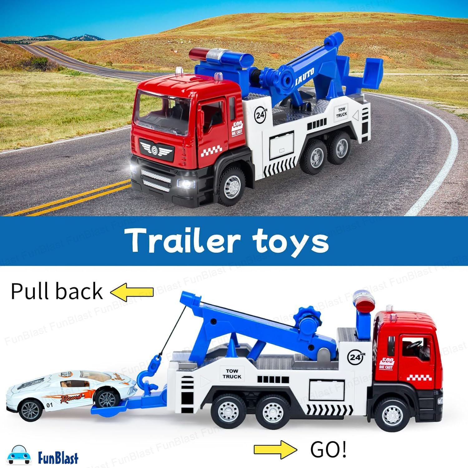 FunBlast Towing Truck Toy - Diecast Towing Truck Toy with Light and Sound, 1:50 Scaled Model Pull Back Toys for 3+ Year Old Kids, Boys, Metal Trucks for Kids - Image 6