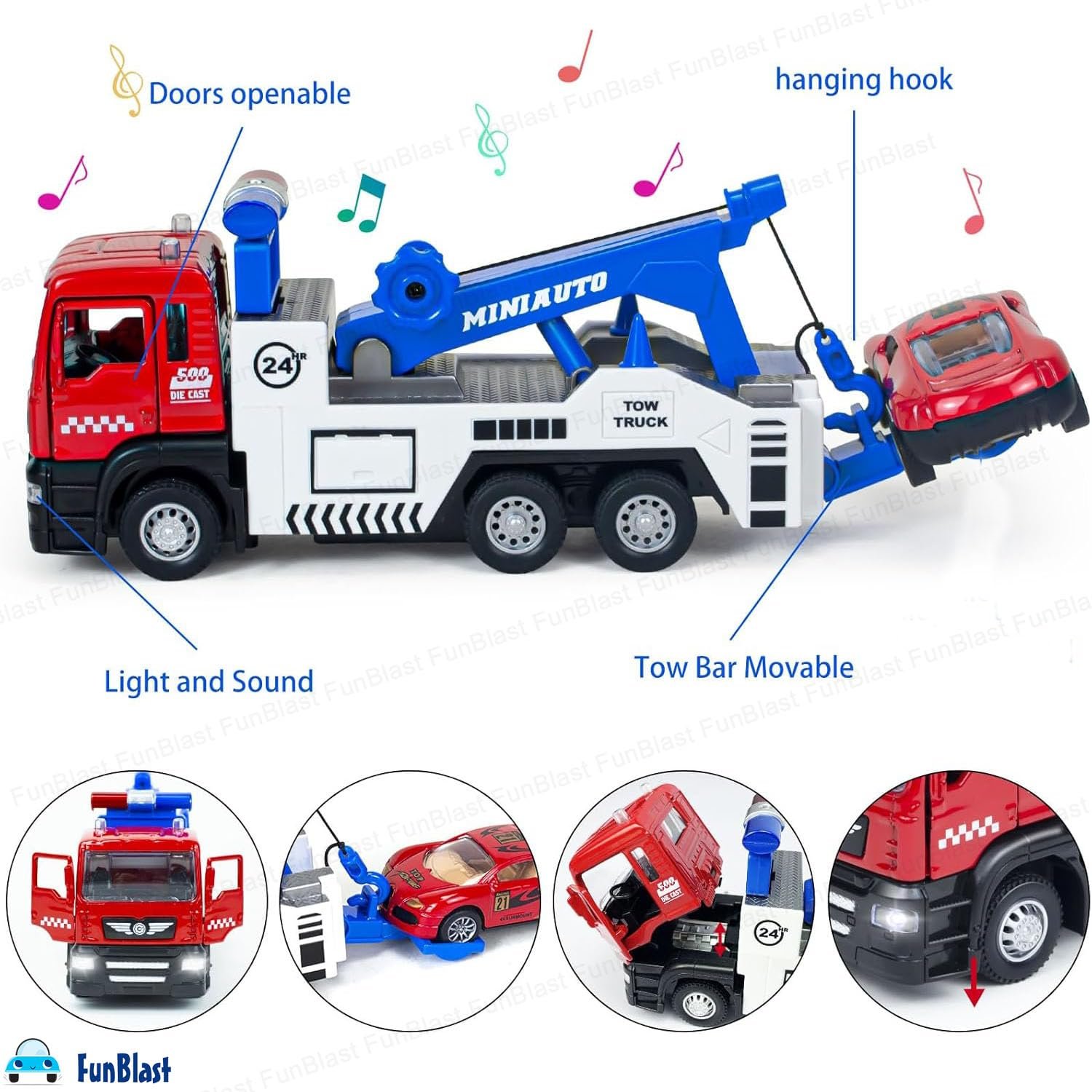 FunBlast Towing Truck Toy - Diecast Towing Truck Toy with Light and Sound, 1:50 Scaled Model Pull Back Toys for 3+ Year Old Kids, Boys, Metal Trucks for Kids - Image 7