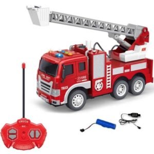 JH00566 (2) ndusBay® 4 Channel Rechargeable RC Remote Control Fire Brigade Fire Fighter Rescue Truck Toy with Working Head Light, 4 Different Sounds and Working Water Spray Cannon for Kids, Red Color (Yellow)
