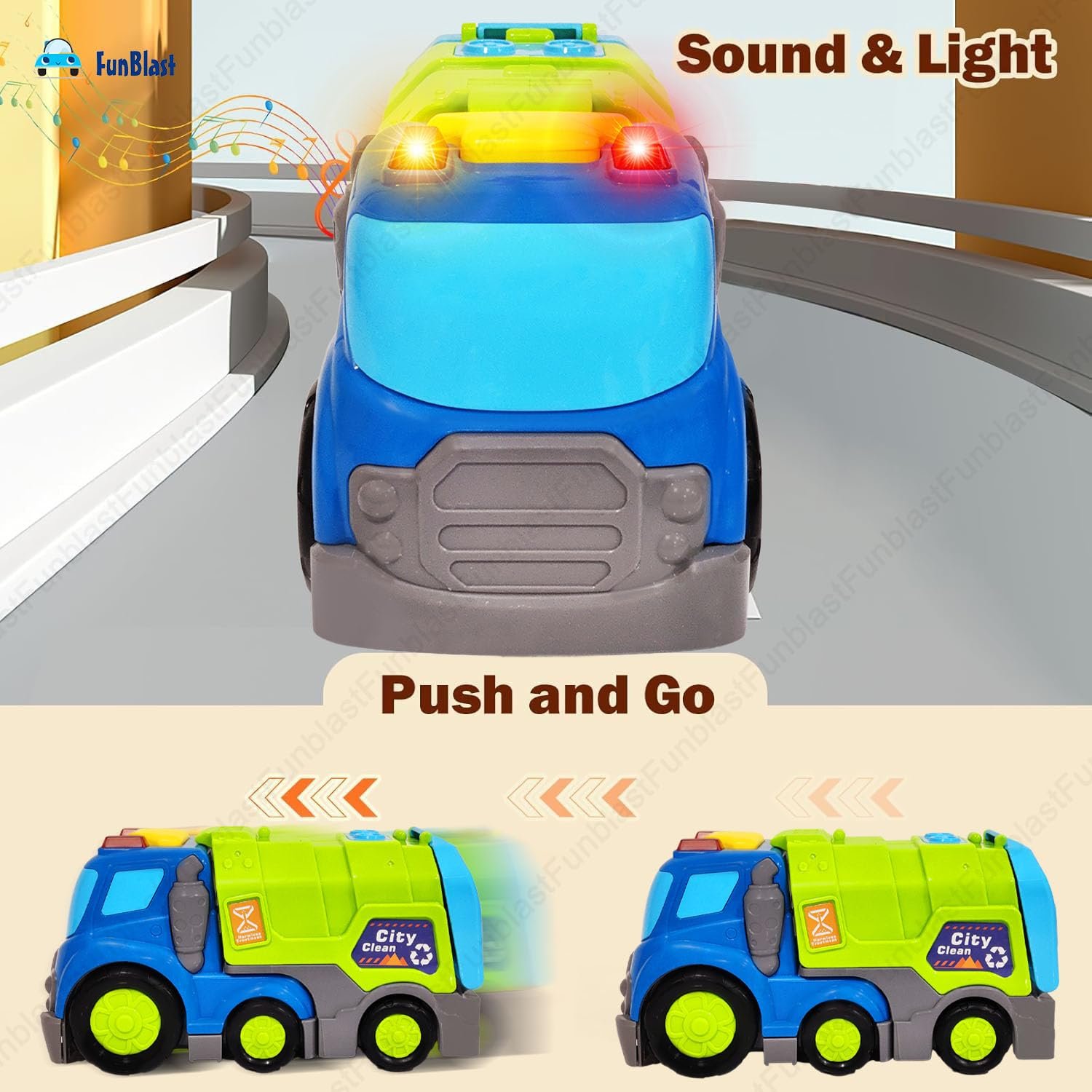 FunBlast Garbage Truck Toys for Kids, Pull Back City Clean Truck with Light and Sound Truck, Friction Power Vehicles Toy Trucks 3+ Years Old Boys Girls, & Kids (Multicolor) - Image 5