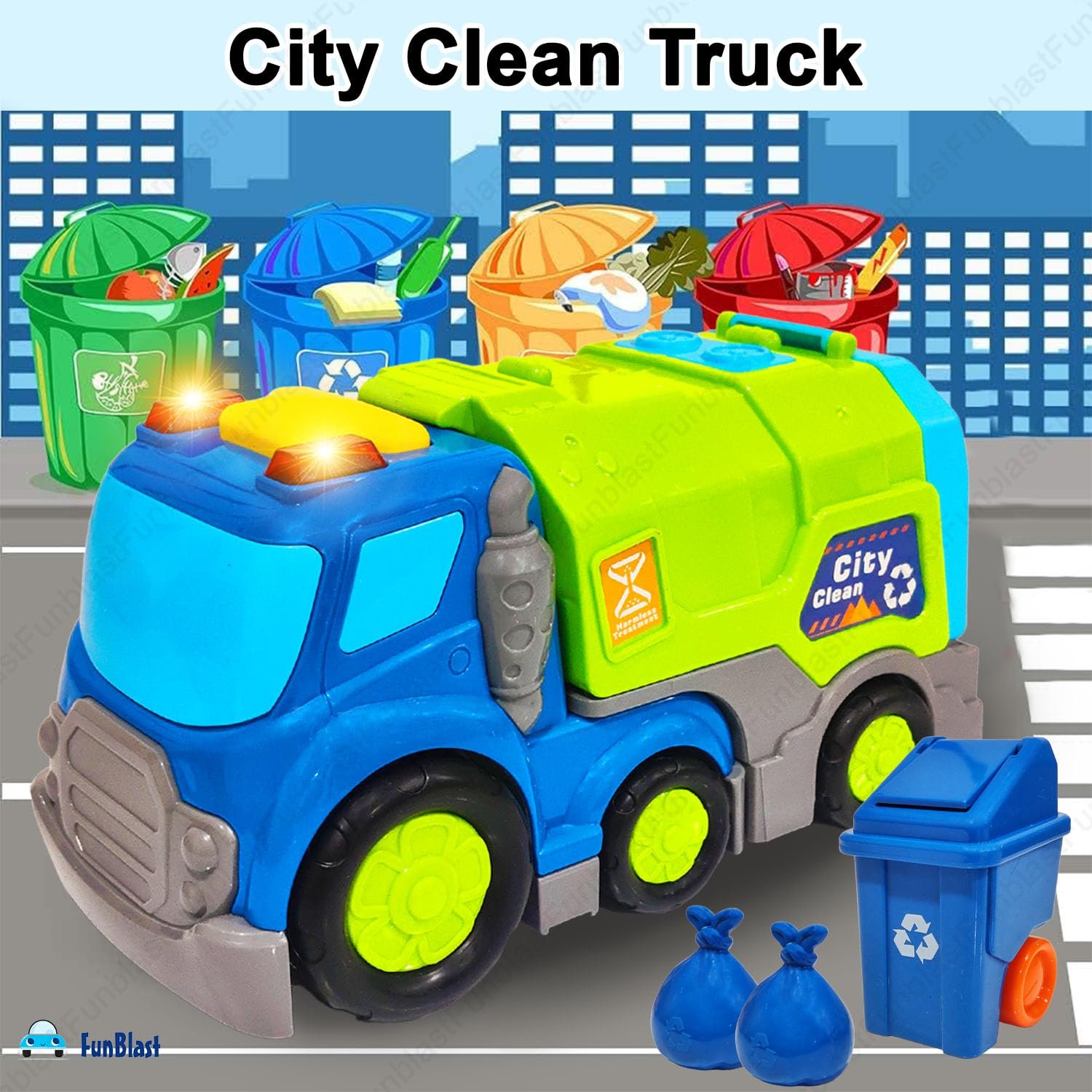 FunBlast Garbage Truck Toys for Kids, Pull Back City Clean Truck with Light and Sound Truck, Friction Power Vehicles Toy Trucks 3+ Years Old Boys Girls, & Kids (Multicolor) - Image 8