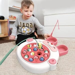 KAVIH Rabbit Face Rotating Fish Pond Musical Fishing Game Toy Set for Kids with 2 Fishing Poles, 15 Colorful Fishes - Safe and Durable Gift