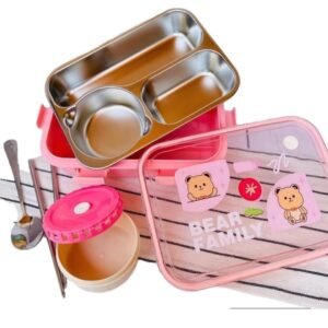Prejak Stainless Steel Container Teddy Bear Theam Lunch Box for Adults Kids, Durable BPA-Free Dishwasher Safe Lunch Containers for Boys, Girls, School & Office Men.Pack of 1. (Pink)
