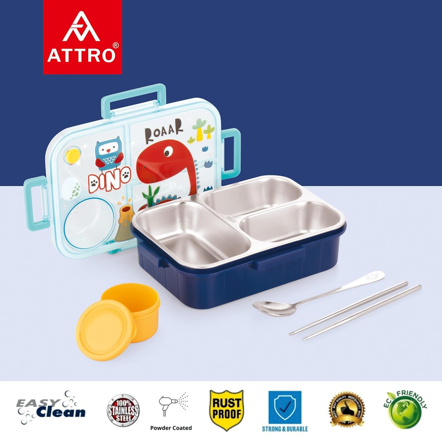 Bestie Kids Lunch Box Dinosaur Printed with Inner Stainless Steel 3 Compartment 1 Small Container Air-Tight Leakproof BPA Free 750ml+80ml- Dark Blue - Image 2