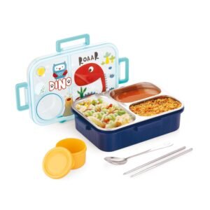 Bestie Kids Lunch Box Dinosaur Printed with Inner Stainless Steel 3 Compartment 1 Small Container Air-Tight Leakproof BPA Free 750ml+80ml- Dark Blue