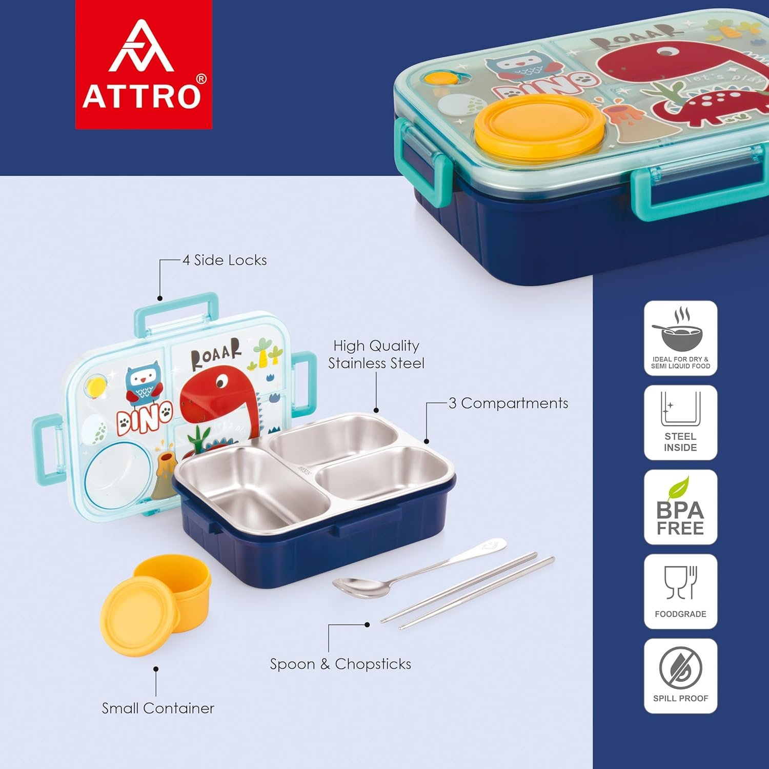 Bestie Kids Lunch Box Dinosaur Printed with Inner Stainless Steel 3 Compartment 1 Small Container Air-Tight Leakproof BPA Free 750ml+80ml- Dark Blue - Image 3