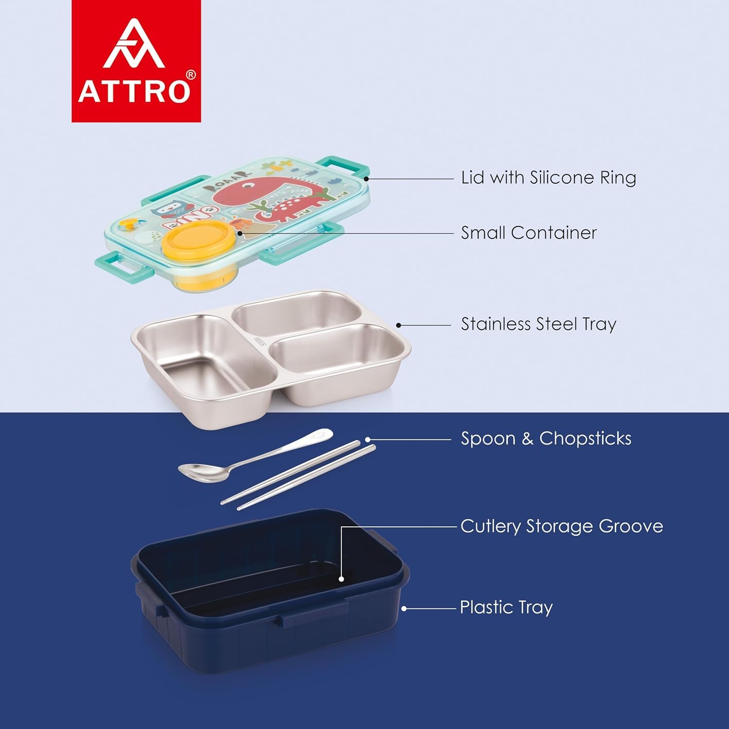 Bestie Kids Lunch Box Dinosaur Printed with Inner Stainless Steel 3 Compartment 1 Small Container Air-Tight Leakproof BPA Free 750ml+80ml- Dark Blue - Image 4