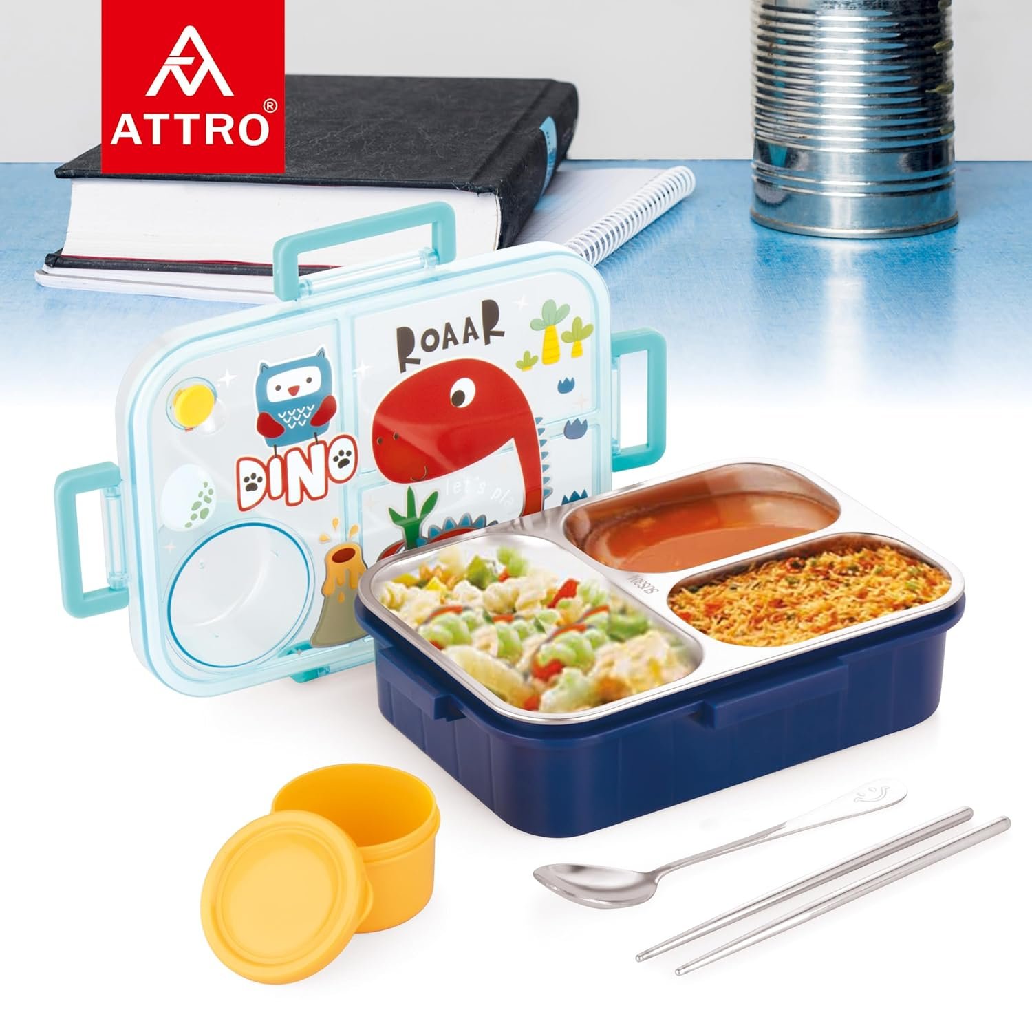 Bestie Kids Lunch Box Dinosaur Printed with Inner Stainless Steel 3 Compartment 1 Small Container Air-Tight Leakproof BPA Free 750ml+80ml- Dark Blue - Image 5