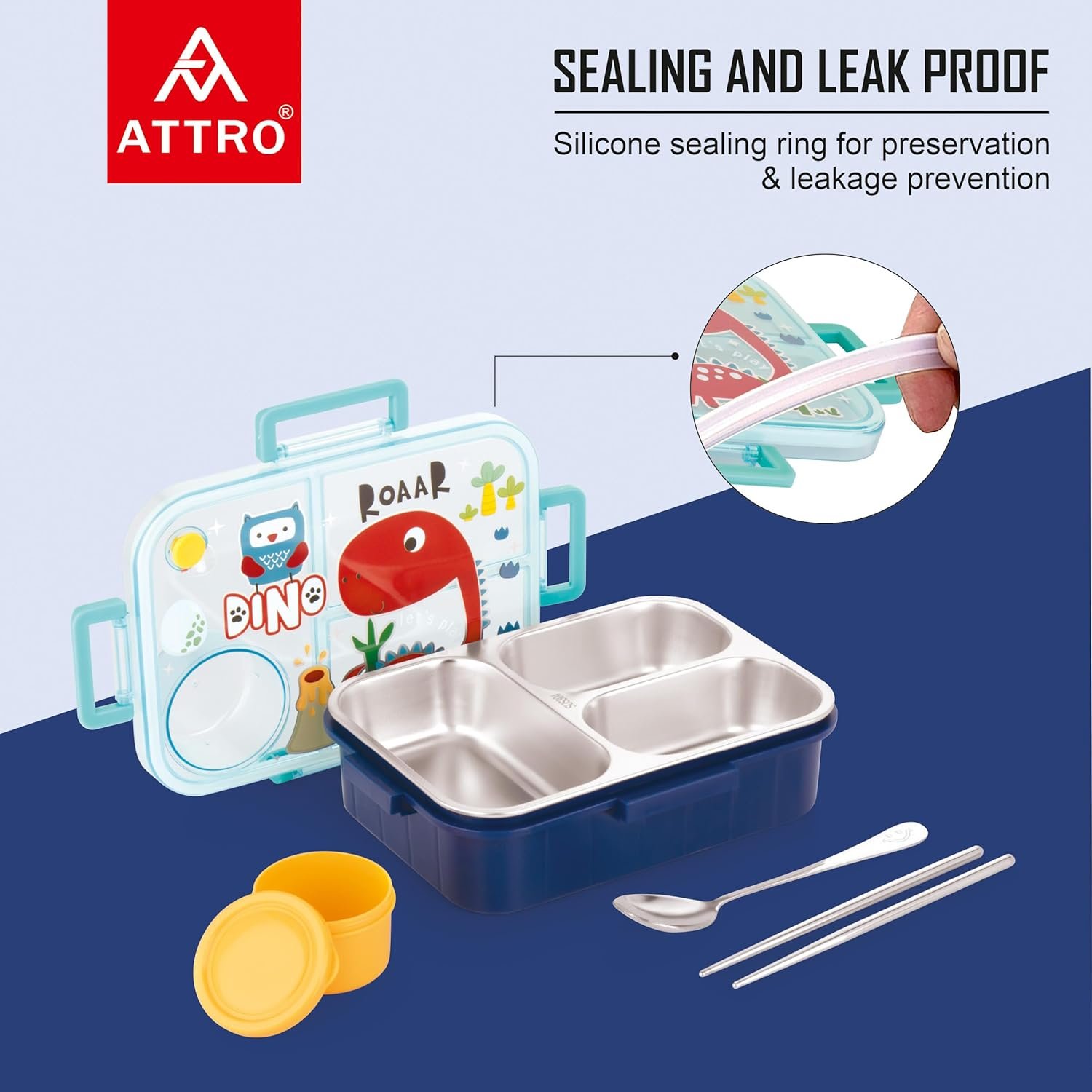 Bestie Kids Lunch Box Dinosaur Printed with Inner Stainless Steel 3 Compartment 1 Small Container Air-Tight Leakproof BPA Free 750ml+80ml- Dark Blue - Image 6