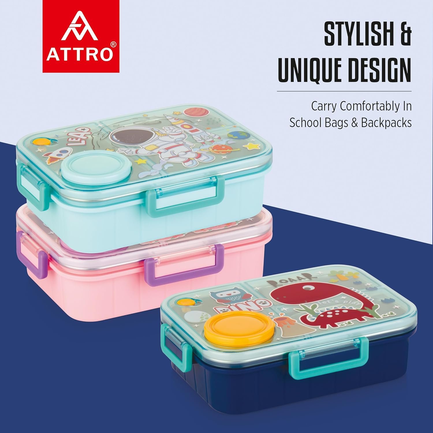 Bestie Kids Lunch Box Dinosaur Printed with Inner Stainless Steel 3 Compartment 1 Small Container Air-Tight Leakproof BPA Free 750ml+80ml- Dark Blue - Image 7