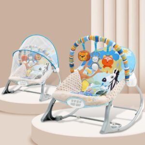 INFANTSO Baby Rocker & Bouncer for 0 to 2 Years (Dark Blue), Portable Rocker for Newborn with Mosquito Net, Calming Vibrations, Soft Music & Hanging Toys