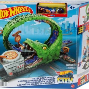 JH00654 (1) Hot Wheels Track Set with 1 Hot Wheels® Car, Adjustable Track That Connects to Other Sets, Gator Loop Pizza Place Playset