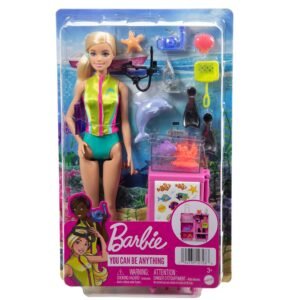 Barbie® Dolls & Accessories, Marine Biologist Doll (Blonde) & Mobile Lab Playset with 10+ Pieces, Case Opens for Storage & Travel